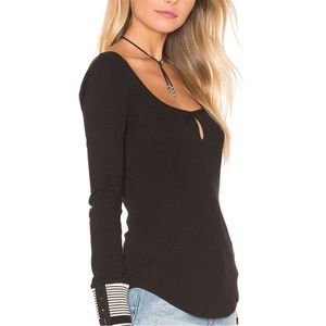 Free People OB519388 Black Keyhole 'Mod' Stripe Cuff Ribbed Tee Top Size L